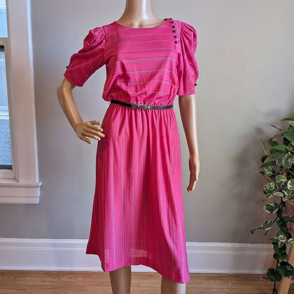 Vintage 80s Especially Yours Pink Striped Midi Dress Barbiecore Twee Office 9